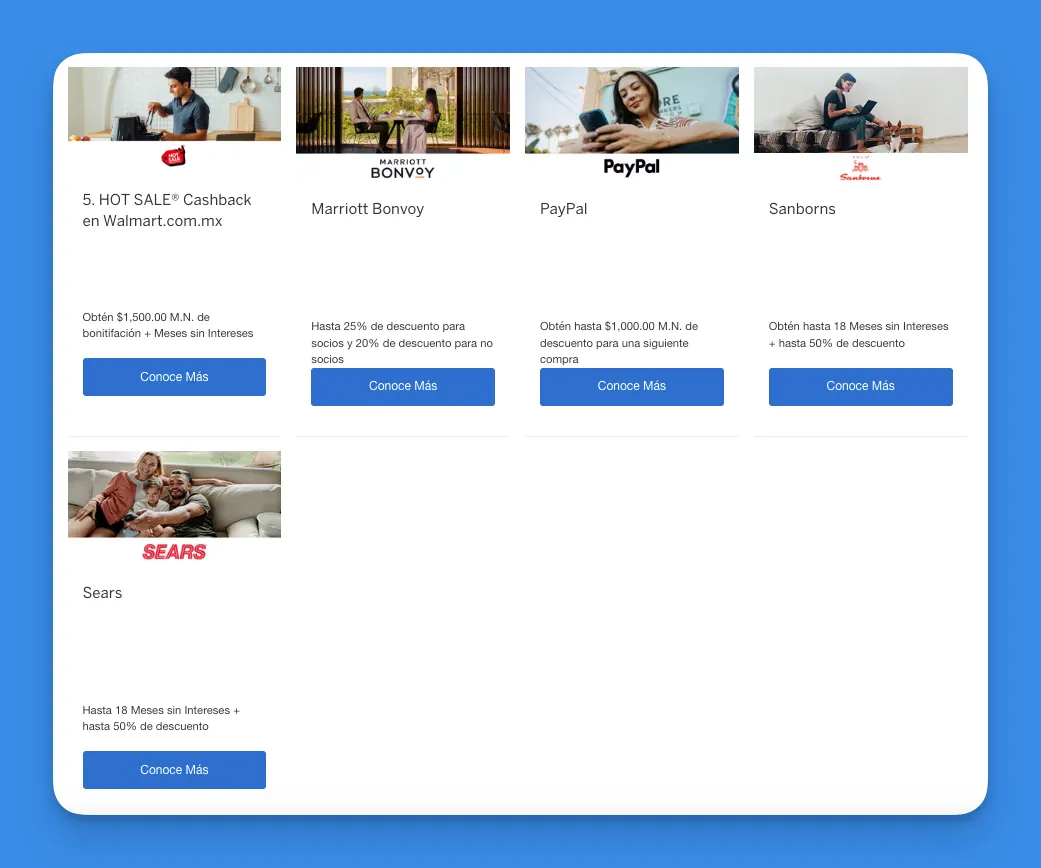 Captura del micrositio oficial de American Express Hot Sale 2026 con la 5ª bolsa de cashback en Walmart.com.mx ($1,500 + Meses sin Intereses), descuento de Marriott Bonvoy de 25% para socios y 20% para no socios, descuento PayPal de hasta $1,000 para una siguiente compra, promoción Sanborns con 18 meses sin intereses más 50% de descuento, y promoción Sears con 18 meses sin intereses más hasta 50% de descuento