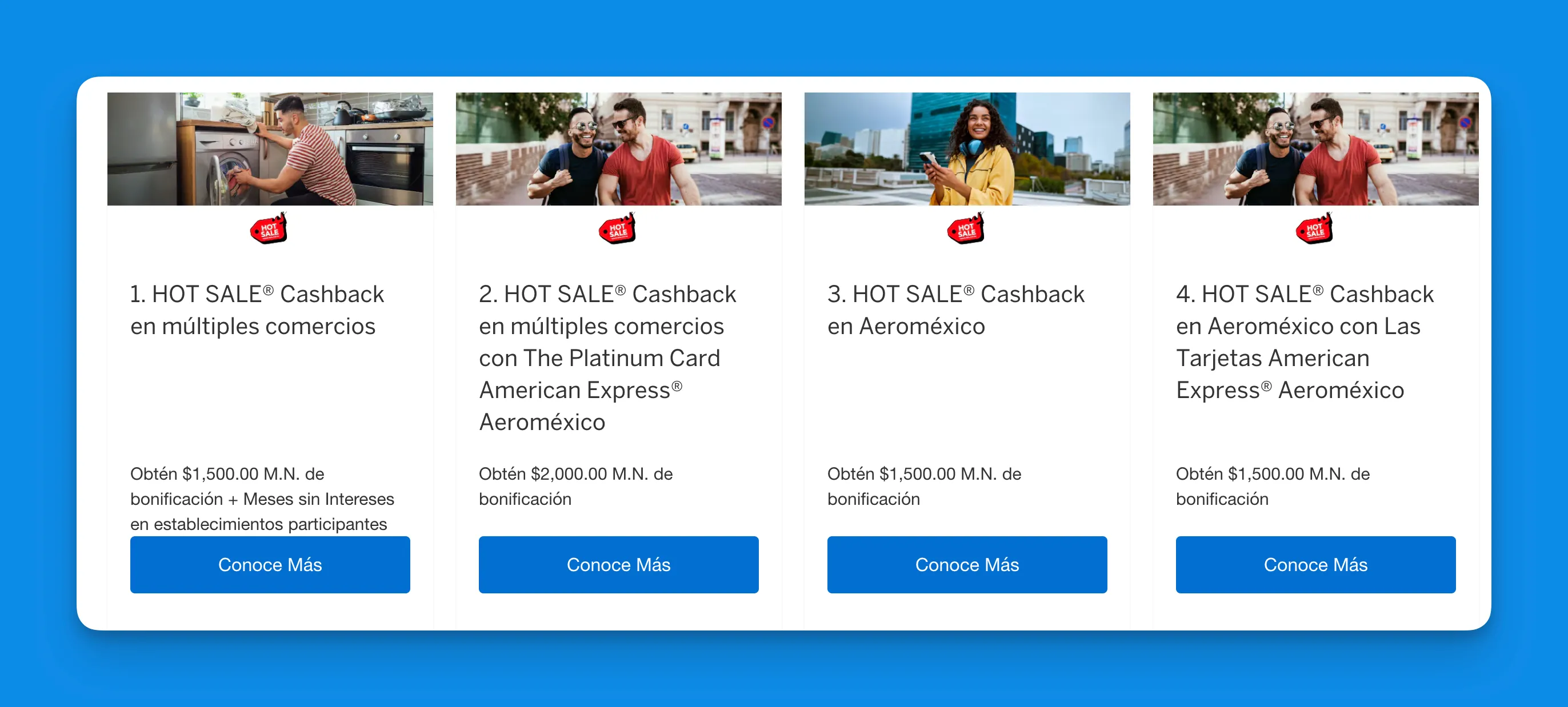 Captura del micrositio oficial de American Express Hot Sale 2026 con las primeras 4 bolsas de cashback: Cashback en múltiples comercios ($1,500), Cashback en múltiples comercios con The Platinum Card American Express Aeroméxico ($2,000), Cashback en Aeroméxico ($1,500) y Cashback en Aeroméxico con las tarjetas American Express Aeroméxico ($1,500)