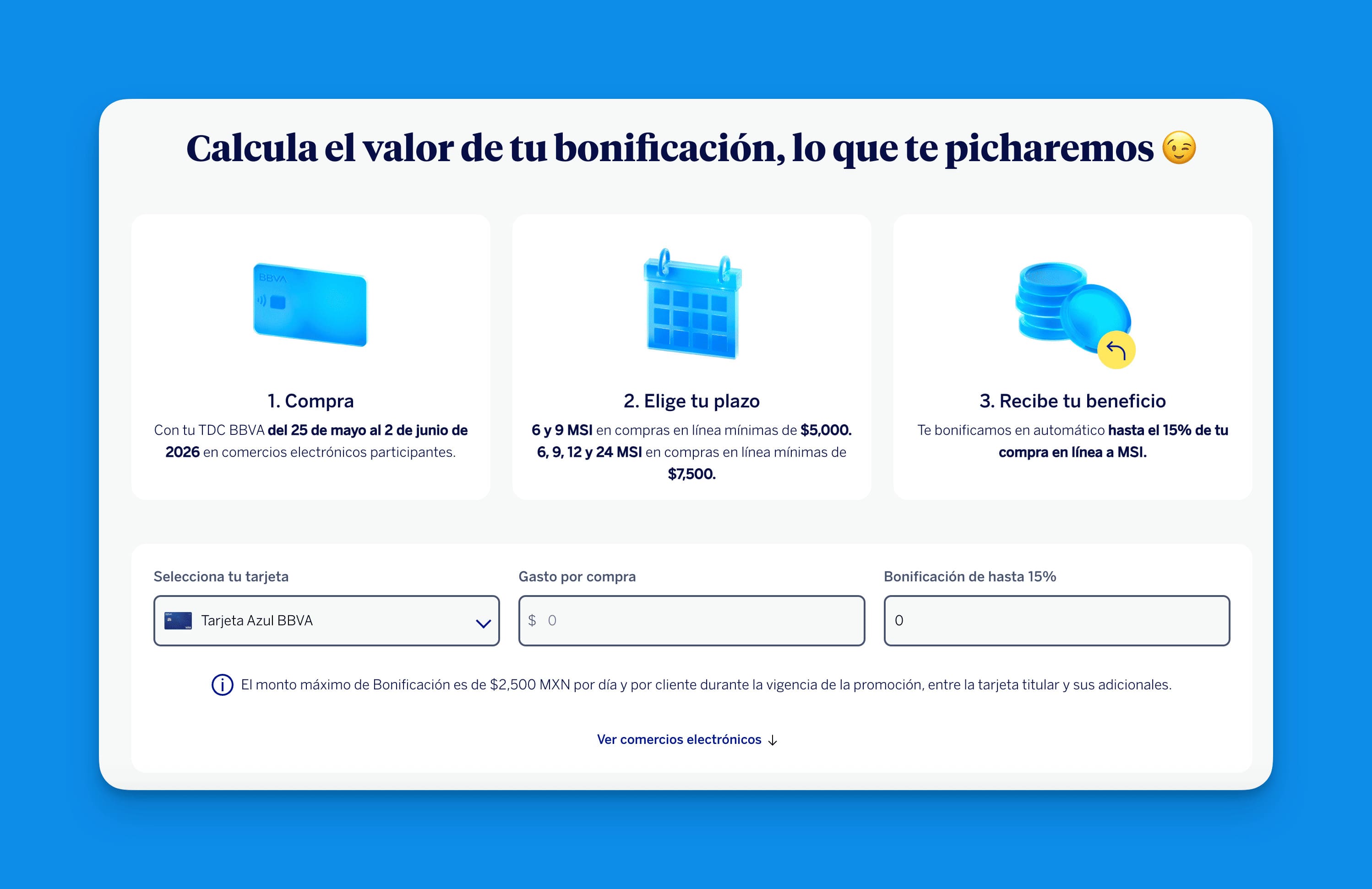 Calculadora oficial de BBVA del Hot Sale 2026: muestra los tres pasos (compra, plazo y bonificación) junto con un selector de tarjeta y campos para gasto y bonificación estimada
