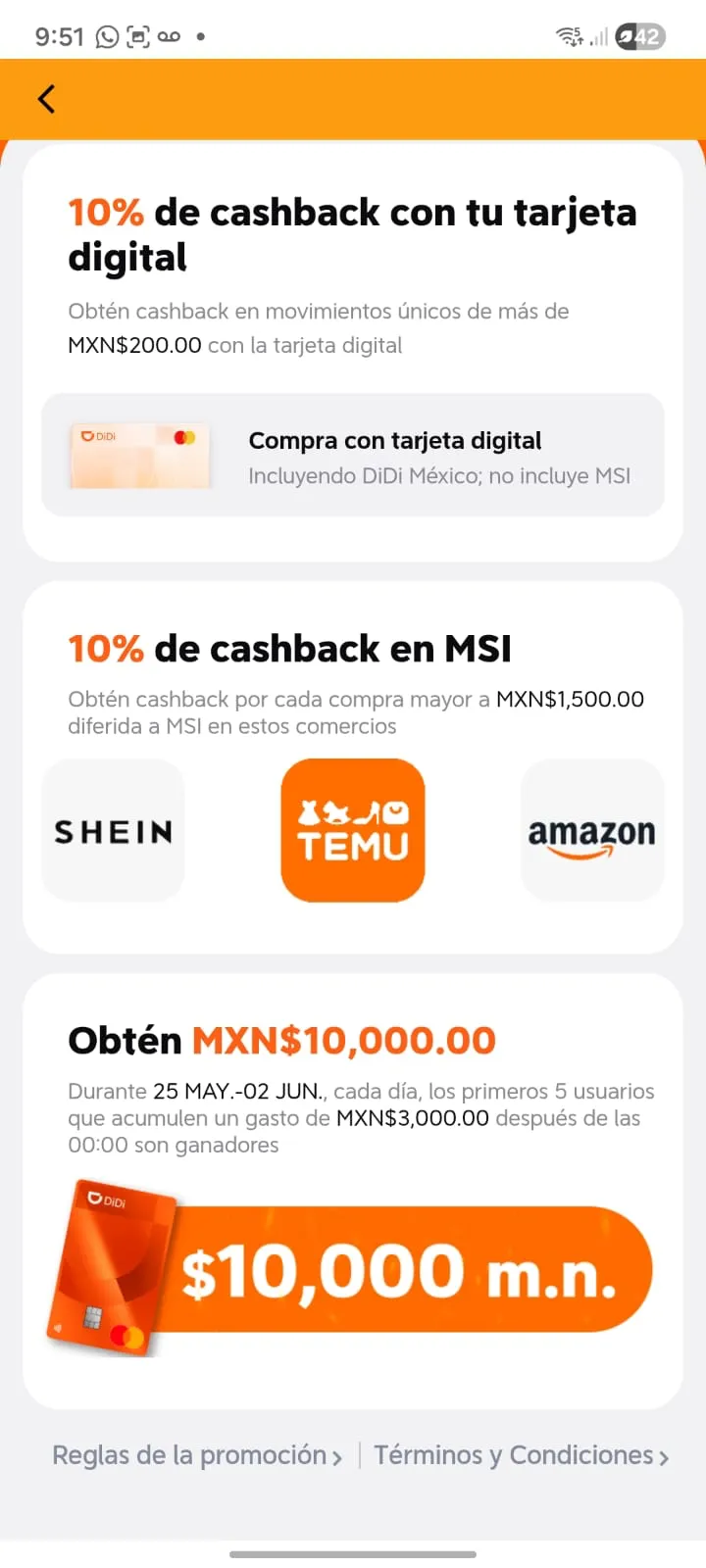 Captura de la app DiDi del Hot Sale 2026 mostrando los tres beneficios: 10% de cashback con tarjeta digital DiDi en compras desde $200 (incluye DiDi México, no incluye MSI), 10% de cashback en MSI en Shein, Temu y Amazon en compras desde $1,500, y sorteo diario de $10,000 m.n. para los primeros 5 usuarios cada día del 25 de mayo al 2 de junio que acumulen un gasto de $3,000