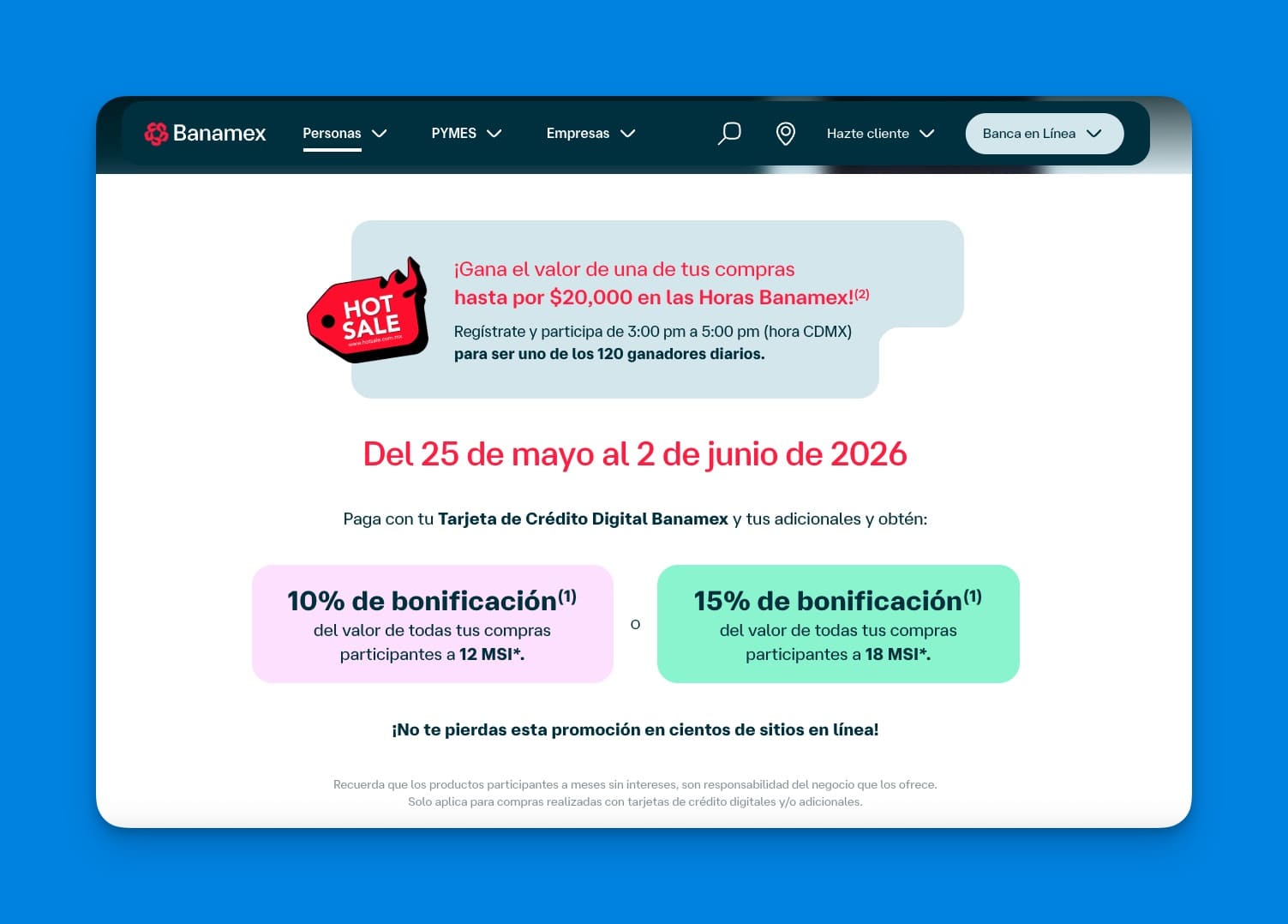 Mecánica de Horas Banamex: 120 ganadores diarios entre las 3 y 5 pm reciben gratis el valor de su compra a meses sin intereses, hasta $20,000