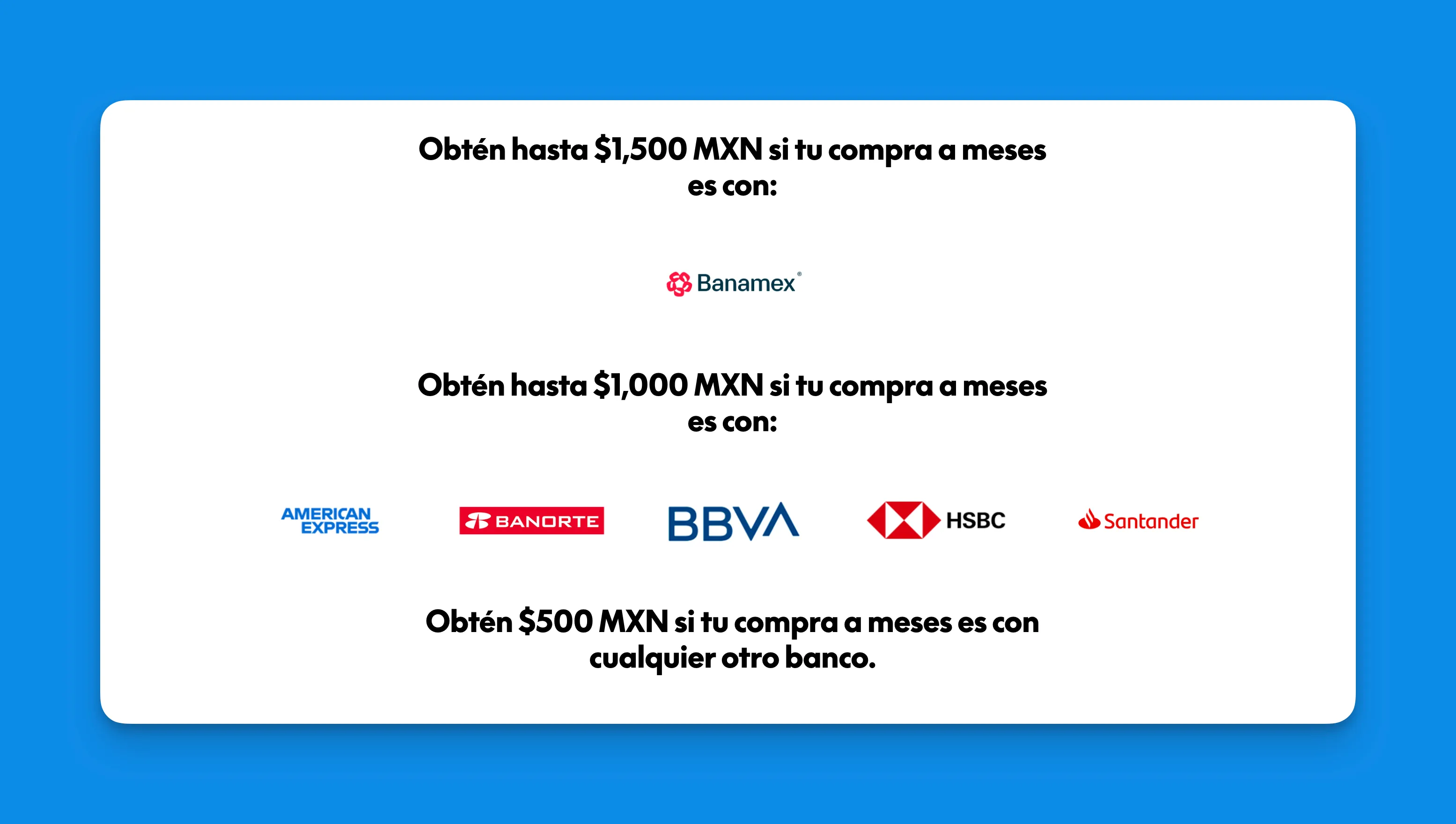 Captura del micrositio oficial de Hot Sale PayPal 2026 mostrando los tres niveles de descuento: hasta $1,500 MXN con tarjetas Banamex, hasta $1,000 MXN con American Express, Banorte, BBVA, HSBC o Santander, y $500 MXN con cualquier otro banco compatible