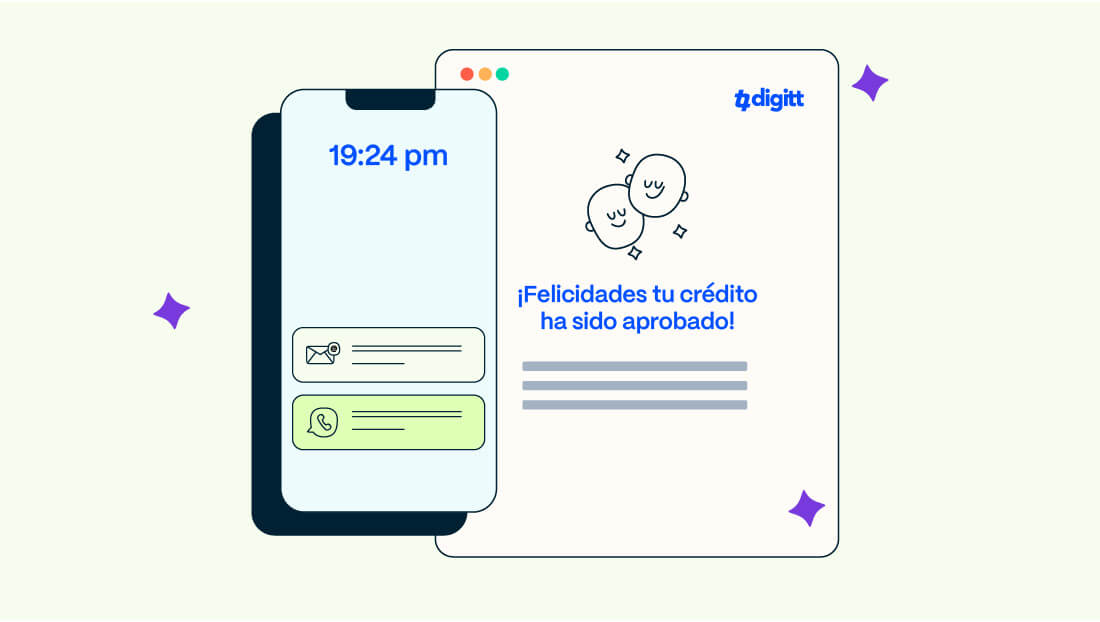 Ilustración que muestra notificación vía correo y WhatsApp una vez que aprobamos tu solicitud de préstamo.